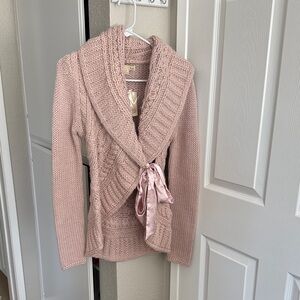 NWT Cozy Pink Knit Shawl Collar Sweater with Satin Tie